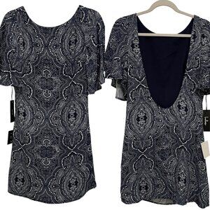 Lulus Dress Womens S Navy Blue Paisley Open Back Mini Flutter Sleeves NWT